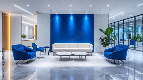 Modern, bright office waiting area with a blue accent wall