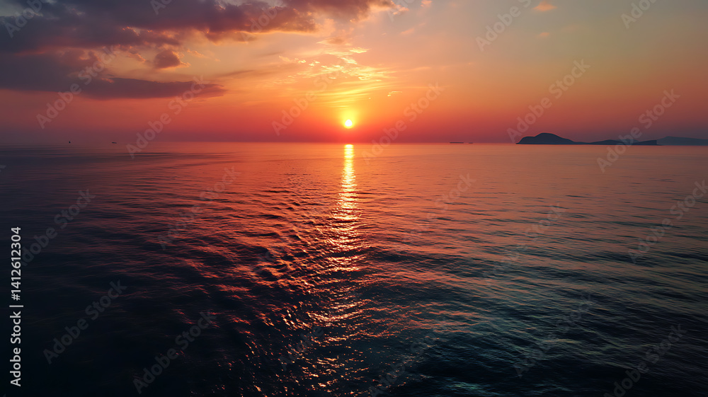Fototapeta premium Beautiful sunset on Andaman sea at Windmill View Point near Laem Promthep Cape, A stunning sunset paints the sky in vibrant hues of orange and red over a serene ocean.