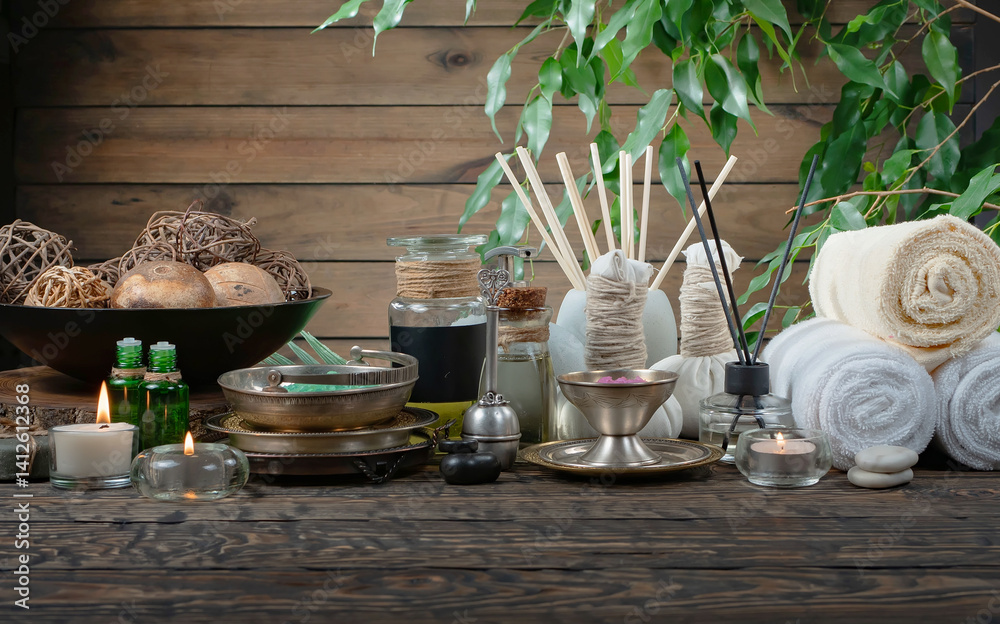 Spa treatment with candles and towel on wooden table, closeup