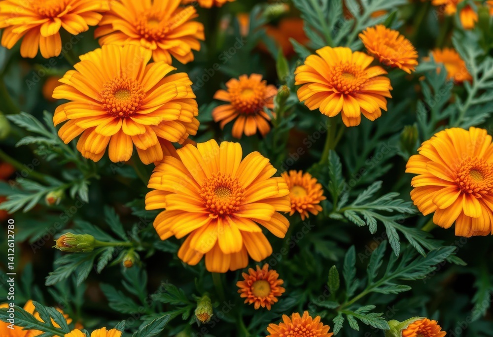 Close-up of calendula flowers and leaves, showcasing vibrant orange petals and green foliage, stock, bright Close-up of calendula flowers and leaves, showcasing vibrant orange petals and green foliage, stock, bright