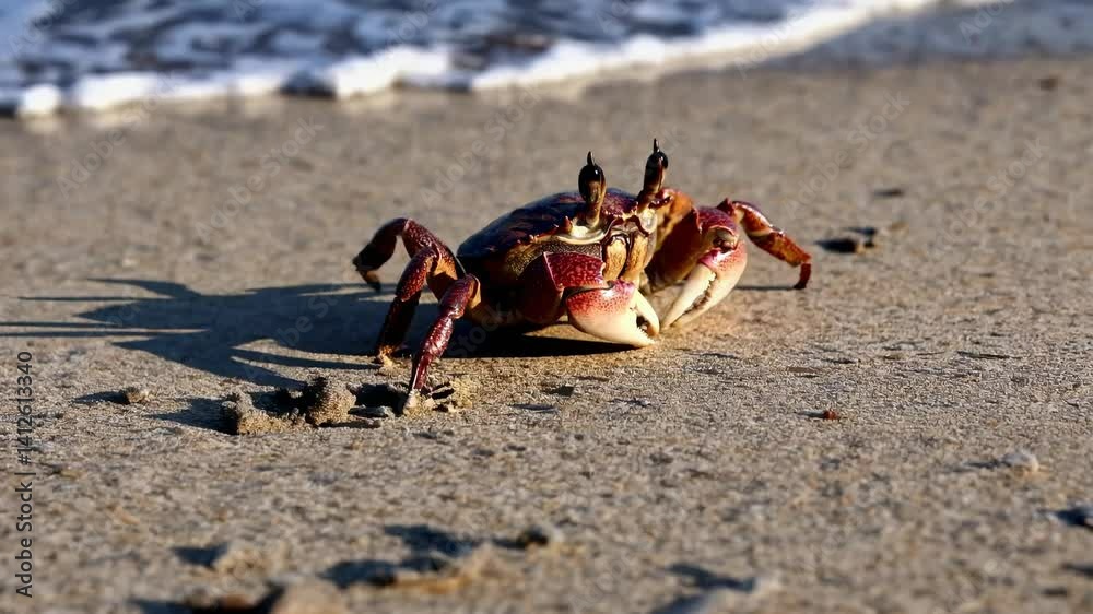 Close-up video of a crab on a sandy beach, captured from a low angle. The crab's shadow is visible, with waves softly blurring in the background.