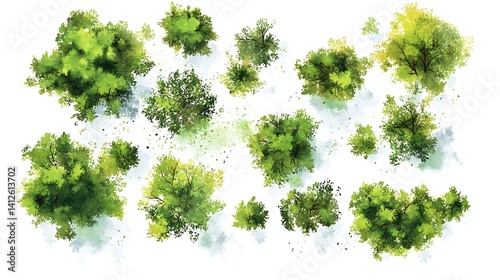 Aerial watercolor tree layout green canopy planner map top landscape botanical detail forest image
