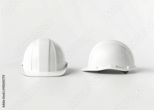 Blank Safety helmet mockup Two white hard hats placed side by side on a light surface.