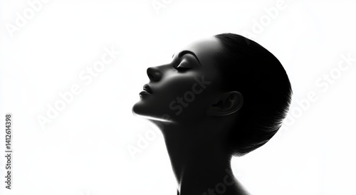 Image of a woman in side profile, captured in black and white, set against a seamless white backdrop with high contrast