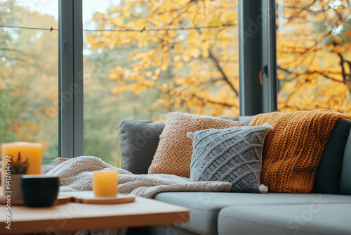 A cozy and warm living room with a sofa and blanket, with a view of the fall foliage.