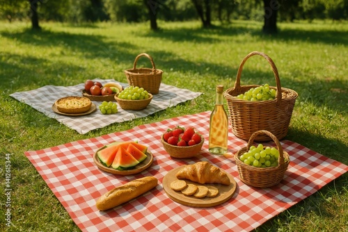 Delightful Picnic Spread in a Sunny Park With Fresh Fruits and Baked Goods