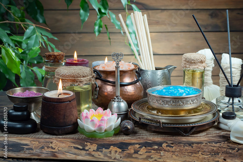 Spa massage items are arranged in a composition on the table.