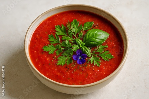 Fresh Tomato Soup Garnished With Herbs and Edible Flower in Decorative Bowl