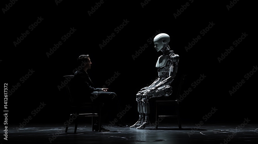 A futuristic scene depicts a human and a robot in conversation.