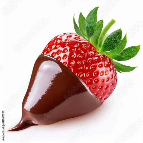 fresh red strawberry dipped in rich melted chocolate with glossy texture and green leaves isolated on white  background