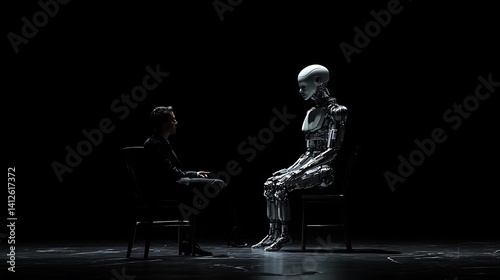 Obraz na płótnie A futuristic scene depicts a human and a robot in conversation. w salonie