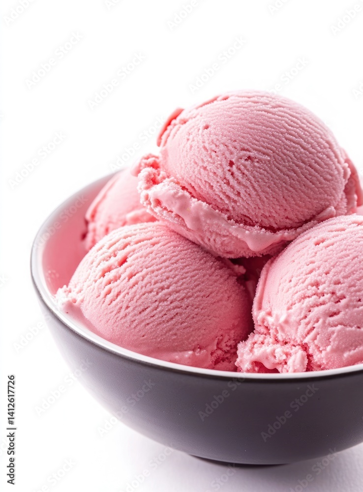 Pink ice cream scoops in a bowl on a white background. Pink ice cream scoops in a bowl on a white background.
