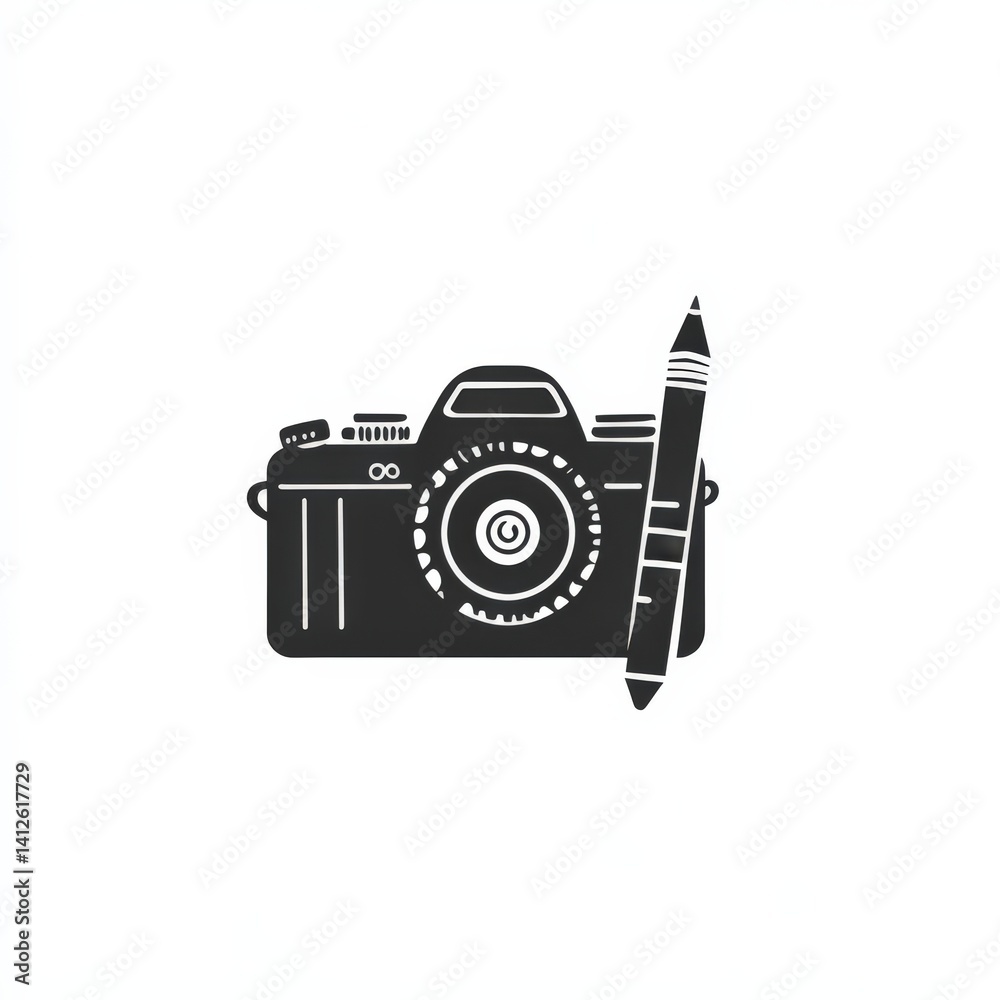 Obraz premium Black and White Illustration of a Camera with a Pencil for Design