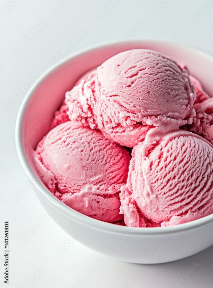 Three scoops of pink ice cream in a white bowl on a white background. Three scoops of pink ice cream in a white bowl on a white background.