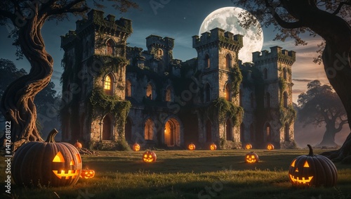 Halloween background with pumpkins and castle, 3d render illustration