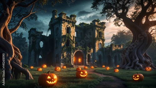 Halloween background with pumpkins and castle, 3d render illustration