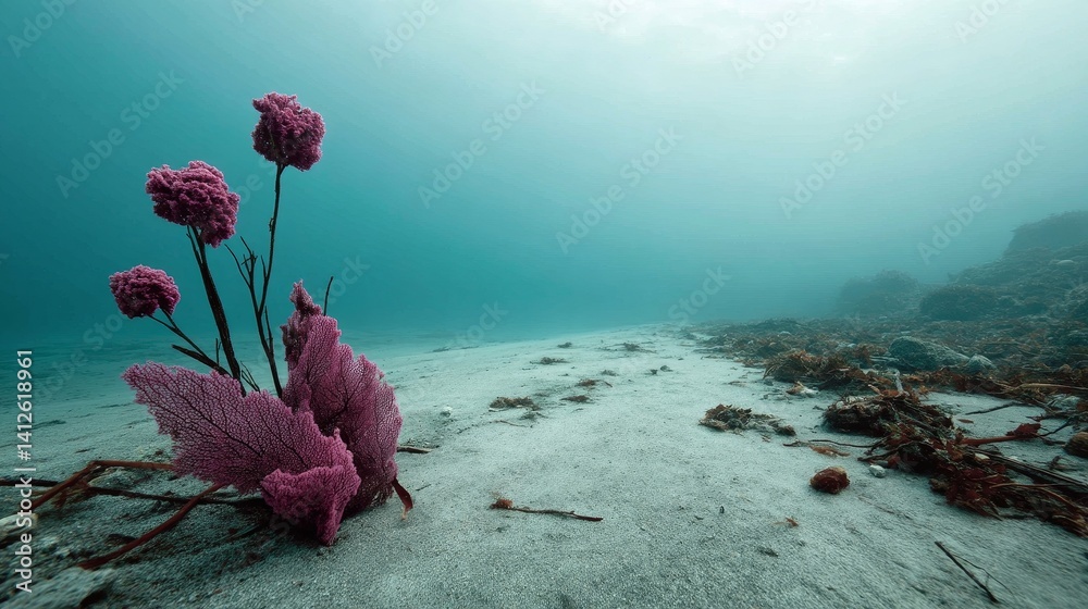 Polluted coral reef with dying pink coral showing underwater ecosystem collapse and marine habitat damage