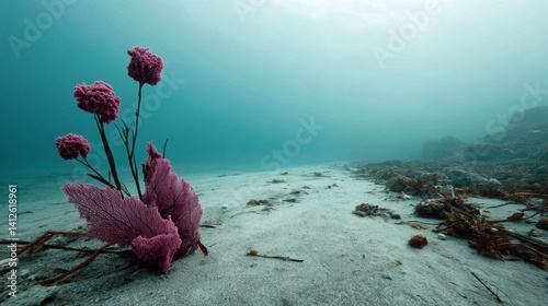 Obraz na płótnie Polluted coral reef with dying pink coral showing underwater ecosystem collapse and marine habitat damage w salonie