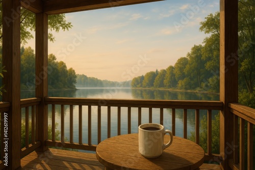 Enjoying Morning Coffee on a Wooden Deck Overlooking a Tranquil Lake at Sunrise