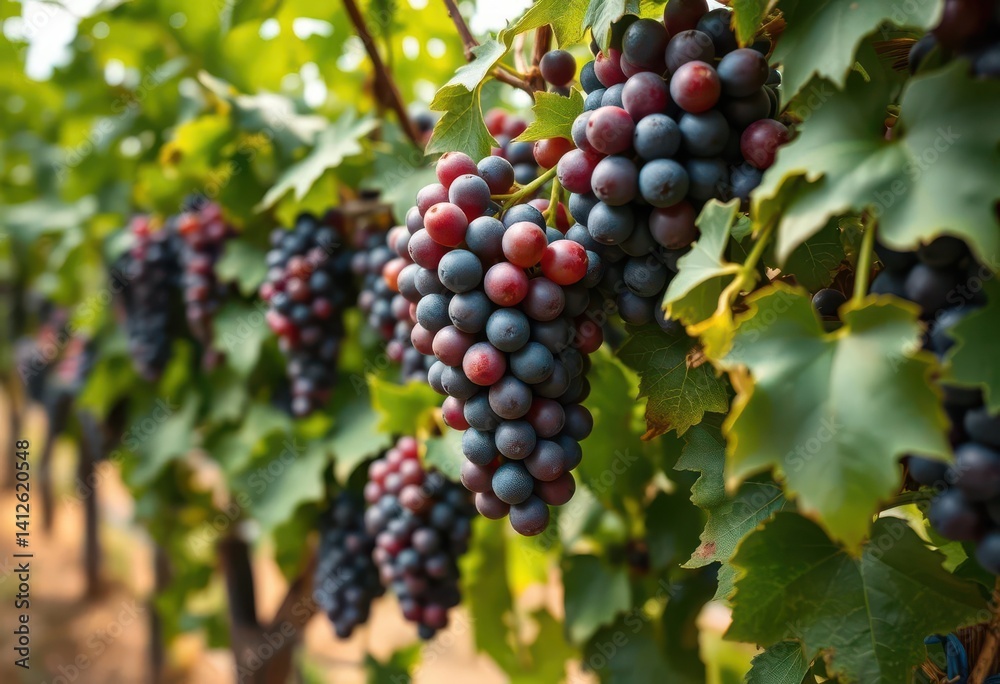 Close-up of a lush vineyard with ripening grapes on the vine, thoroughness, cultivation Close-up of a lush vineyard with ripening grapes on the vine, thoroughness, cultivation