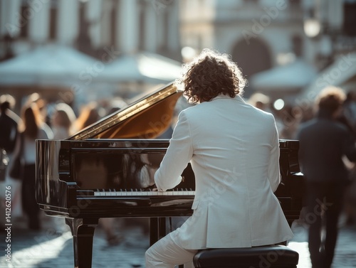 The Pianist's Serenade: A pianist, absorbed in his performance, plays a grand piano amidst a vibrant cityscape. His form exudes elegance, captivating onlookers as his music fills the air. 
