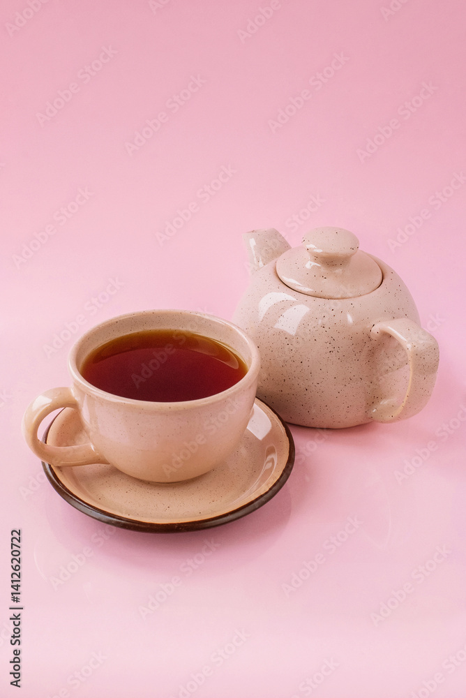 Fototapeta premium Black tea in a beige cup with a milk jug isolated on the pink background 
