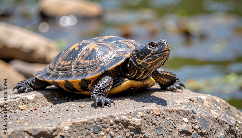 Turtle basking on a rock beside a tranquil water body with sunlight filtering through trees Turtle basking on a rock beside a tranquil water body with sunlight filtering through trees