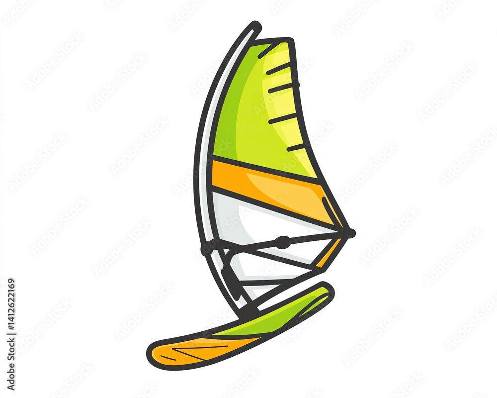 Fototapeta premium Isolated on white illustration of a windsurfing sail and board midmotion with stylized wind streaks