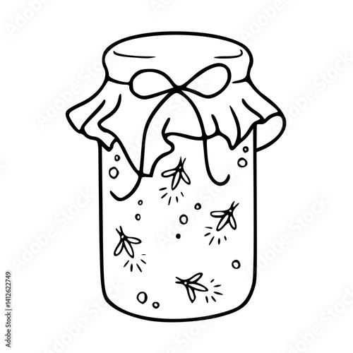 a black and white drawing of a fireflies in glass jar : magical summer night illustration