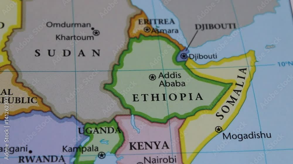 close up of the country of Ethiopia viewed on a wold map as a travel concept. Ethiopia on a map. Political map of Ethiopia 
