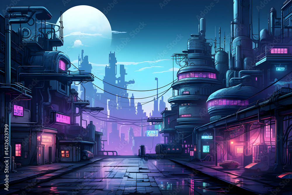 Pixel Art Cyberpunk Cityscape with Futuristic Architecture Under a Bright Moon and Neon Lights Pixel Art Cyberpunk Cityscape with Futuristic Architecture Under a Bright Moon and Neon Lights