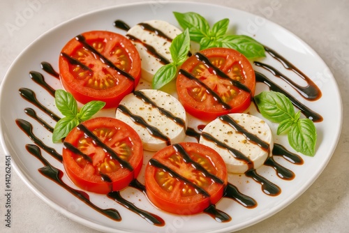 Fresh Tomato and Mozzarella Salad Garnished With Basil and Balsamic Glaze