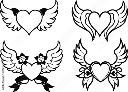 Winged Heart Outline Set – Black and White Heart with Wings Tattoo Style Vectors 