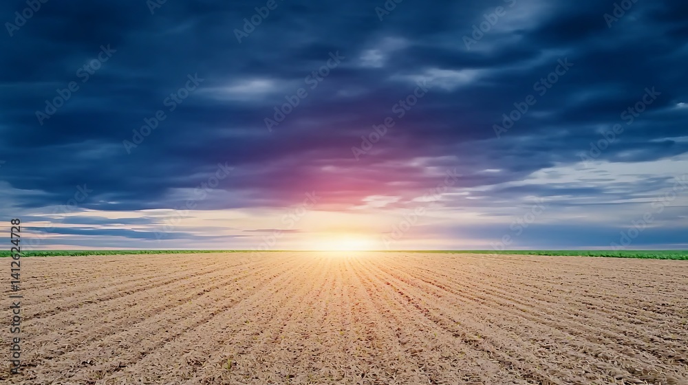 Naklejka premium Field with rows extends towards the sun, cloudy sky background. Rural, outdoor
