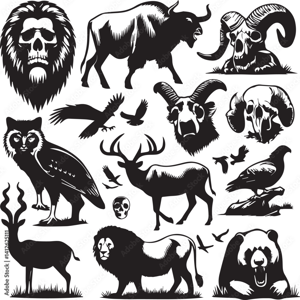 Naklejka premium Large Animal Silhouette Collection Silhouettes set of African wild animals in nature habitats