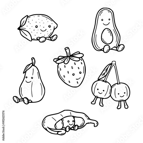 set of cute fruit character outline in jellycat style