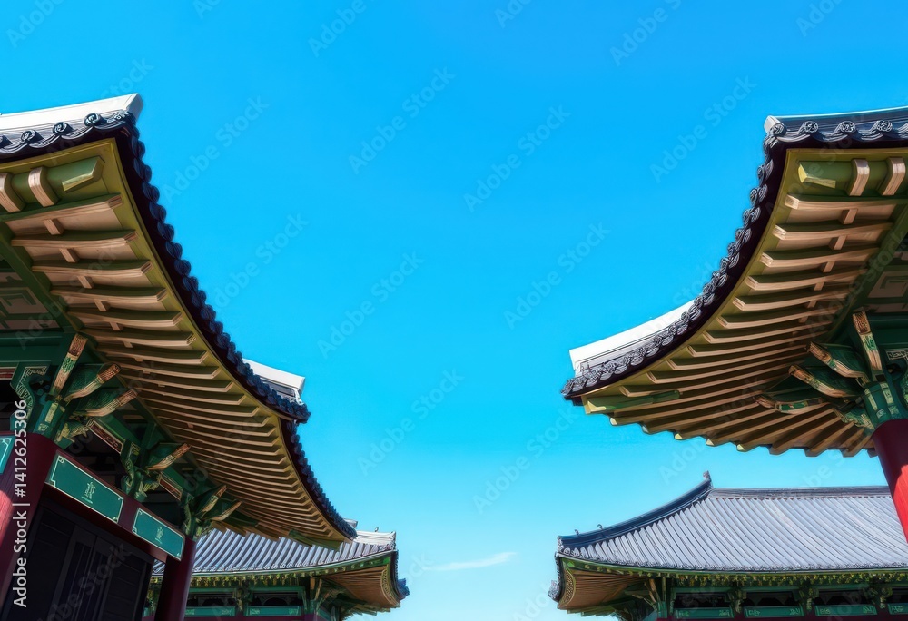 Gyeongbokgung Palace eaves reflecting vibrant blue sky, intricate detail, asia, vibrant Gyeongbokgung Palace eaves reflecting vibrant blue sky, intricate detail, asia, vibrant