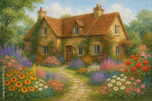 Quaint Cottage Surrounded by Vibrant Flowers in a Sunny Garden During Golden ...