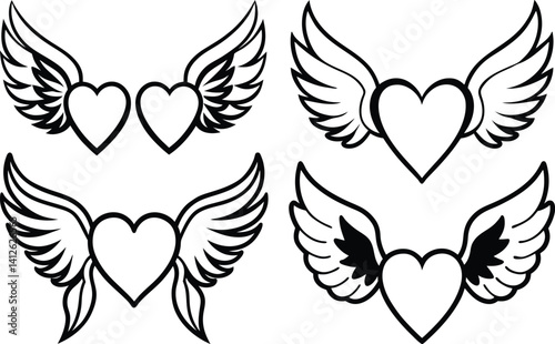 Winged Heart Outline Set – Black and White Heart with Wings Tattoo Style Vectors 