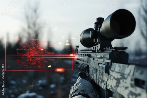 Military personnel using a scoped rifle equipped with advanced targeting technology