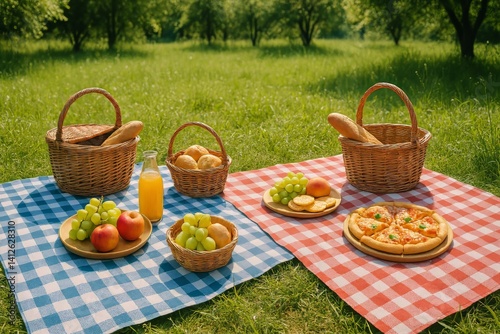 Perfect Picnic Setting With Food Baskets and Colorful Blankets in a Sunny Park