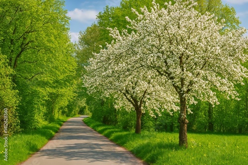 Blossoming White Trees Line a Serene Pathway in a Vibrant Green Landscape Dur...