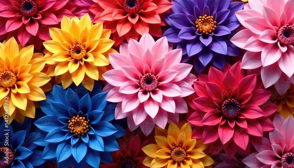 Obraz premium Intricate dahlia blooms in vibrant hues, forming a repeating floral pattern , closeup, textile