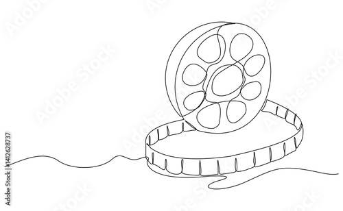 Continuous single line of vintage old film reels roll film video. Sketch drawing editable stroke vector illustration