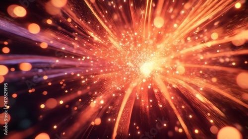 Orange light burst, cosmic energy, dark background, abstract art, ideal for motion graphics