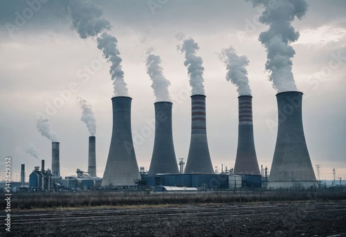 Photorealistic image of a thermal power plant, industrial style, gray-blue tones, used for energy, environment or infrastructure design purposes