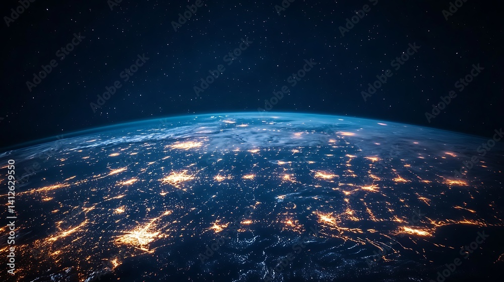 Obraz premium Stunning Night View of Earth from Space, A stunning view of Earth from space, showcasing illuminated cities and landscapes at night