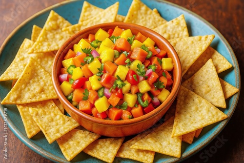Colorful Mango Salsa Served With Crispy Tortilla Chips on a Vibrant Platter