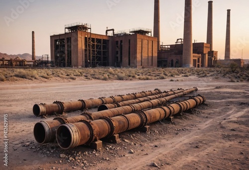 Aged thermal power plant in desert setting, rusty industrial style, warm earthy tones, ideal for decay, history or post-apocalyptic design themes.
