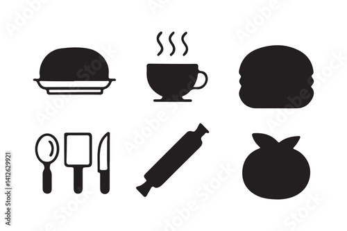 Stylish and minimalist food and drink icon set including coffee, pizza, utensils, fruits, and beverages in clean vector lines.